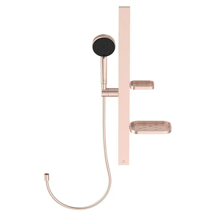 Ideal Standard Brausegarnitur Idealrain BD586 - Lochabstand: 40 cm - 50 cm, Art Strahl: SilkRain, Rain, Rosé - Roségoldenes Duschset mit Handbrause, vertikaler Stange und zwei integrierten Ablagen. Metallic-Finish.