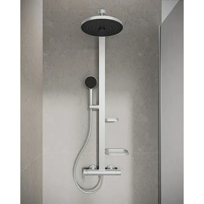 Ideal Standard Alu+ Duschsystem Ceraflow BD584SI - Lochabstand: 60 cm, Anzahl Strahlarten: 2 Stk., Silber, Form Kopfbrause: Rund - Chrom-Duschsystem mit runder Regenduschkopf, Handbrause und Thermostatmischer, inklusive Seifenschalen.