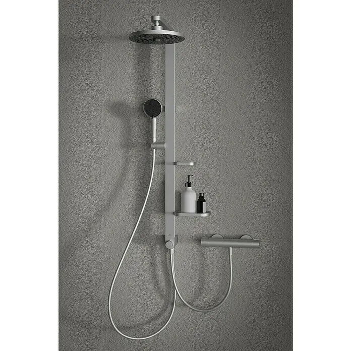 Ideal Standard Alu+ Handbrause Ideal Rain - Durchmesser: 10 cm, Silber - Modernes, metallicgraues Duschsystem mit Kopf- und Handbrause, Thermostatmischer und einer Ablage.