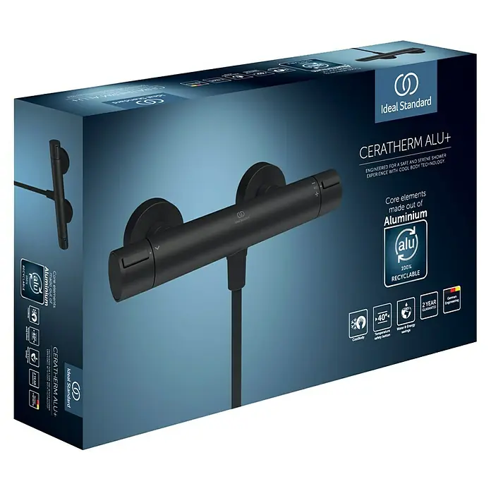 Ideal Standard Alu+ Thermostatarmatur Ceratherm - Breite: 292 mm, Schwarz - Schwarze Ideal Standard Ceratherm Alu+ Duscharmatur, mit Aluminium-Kernelementen, auf Verpackung.