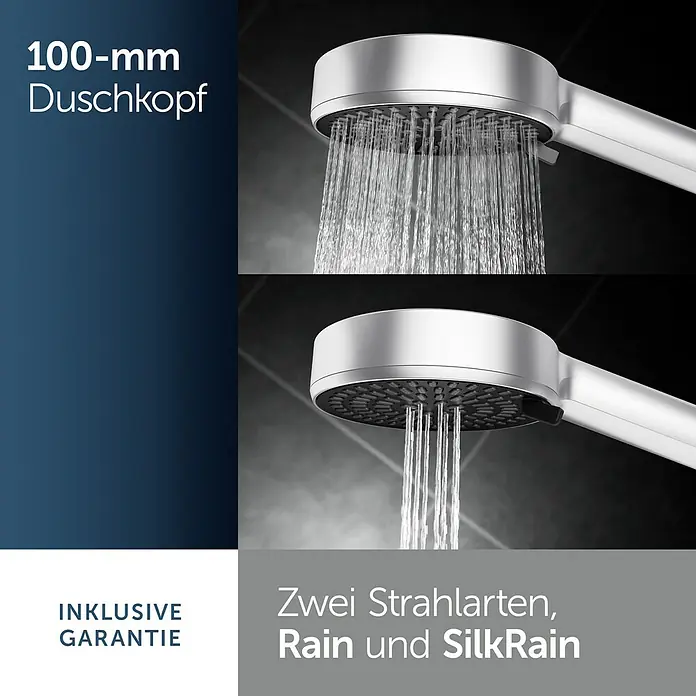 Ideal Standard Brausegarnitur Idealrain BD586 - Lochabstand: 40 cm - 50 cm, Art Strahl: SilkRain, Rain, Silber - Weißer/silberner 100-mm-Duschkopf, der zwei Strahlarten, Rain und SilkRain, demonstriert.