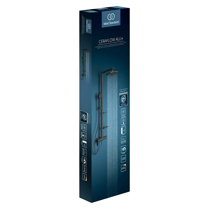Ideal Standard Alu+ Duschsystem Ceraflow BD584XG - Lochabstand: 60 cm, Anzahl Strahlarten: 2 Stk., Schwarz, Form Kopfbrause: Rund - Verpackung des Ideal Standard CERAFLOW ALU+ Duschsystems. Zeigt ein schwarzes Duschsystem mit Aluminium-Kernelementen.