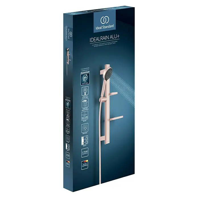 Ideal Standard Brausegarnitur Idealrain BD586 - Lochabstand: 40 cm - 50 cm, Art Strahl: SilkRain, Rain, Rosé - Verpackung für Ideal Standard IDEALRAIN ALU+ Duschsystem in Roségold, betont Aluminiumkonstruktion und umweltfreundliche Merkmale.