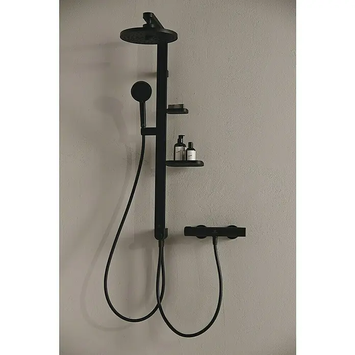 Ideal Standard Alu+ Handbrause Ideal Rain - Durchmesser: 10 cm, Schwarz - Schwarzes Duschsystem mit Kopfbrause, Handbrause, zwei Ablagen und Thermostatmischer.