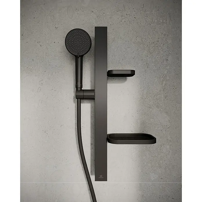 Ideal Standard Brausegarnitur Idealrain BD586 - Lochabstand: 40 cm - 50 cm, Art Strahl: SilkRain, Rain, Schwarz - Mattschwarzes Duschsystem mit Handbrause und zwei integrierten Ablagen.