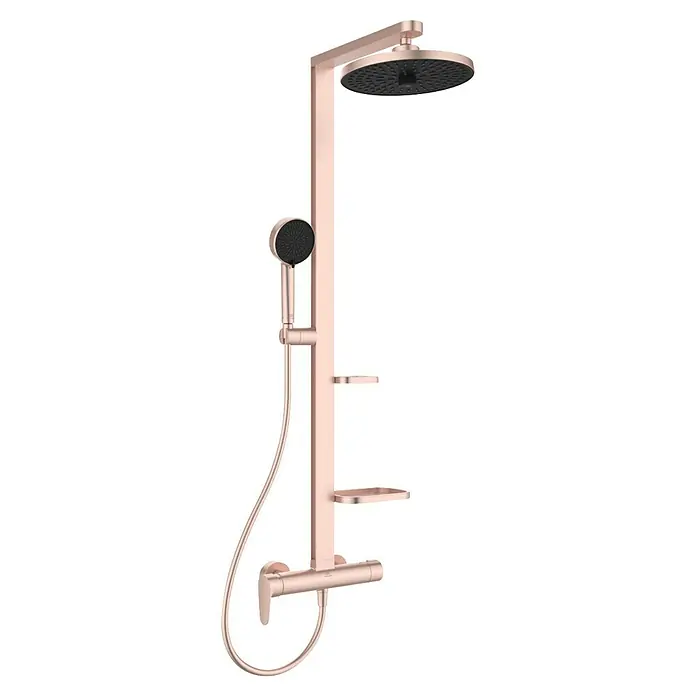 Ideal Standard Alu+ Duschsystem Ceraflow BD584RO - Lochabstand: 60 cm, Anzahl Strahlarten: 2 Stk., Rose, Form Kopfbrause: Rund - Roségoldenes Duschsystem mit Kopf- und Handbrause, Schlauch und Ablagen.