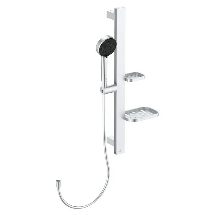 Ideal Standard Brausegarnitur Idealrain BD586 - Lochabstand: 40 cm - 50 cm, Art Strahl: SilkRain, Rain, Silber - Silbernes Duschset mit Handbrause, weißer Stange, Schlauch und zwei Seifenschalen.