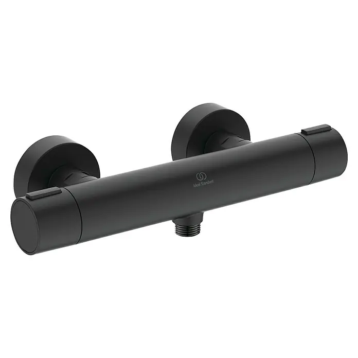 Ideal Standard Alu+ Thermostatarmatur Ceratherm - Breite: 292 mm, Schwarz - Mattschwarze, wandmontierte Thermostat-Duscharmatur mit zylindrischem Körper und integrierten Bedienelementen.