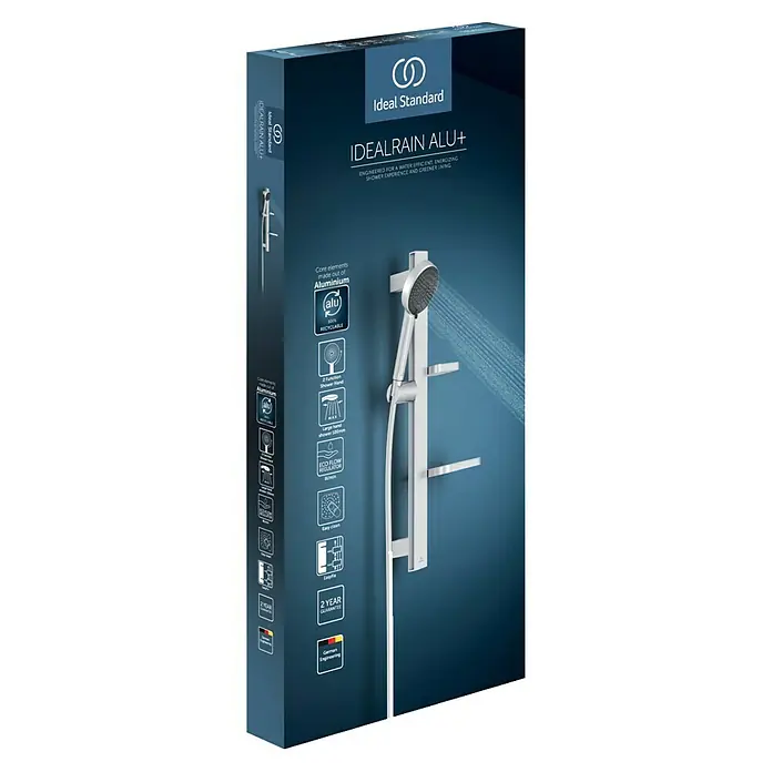 Ideal Standard Brausegarnitur Idealrain BD586 - Lochabstand: 40 cm - 50 cm, Art Strahl: SilkRain, Rain, Silber - Ideal Standard Idealrain ALU+ Duschsystem in dunkelblauer Verpackung, mit Aluminiumelementen und Wassersparfunktionen.
