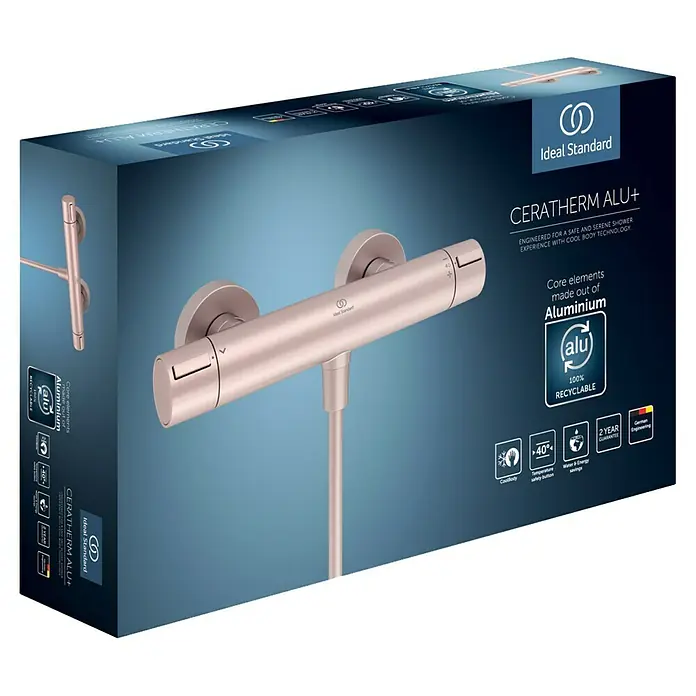 Ideal Standard Alu+ Thermostatarmatur Ceratherm - Breite: 292 mm, Rosé - Roségoldener/kupferfarbener Aluminium-Thermostat-Duschmischer auf Produktverpackung.