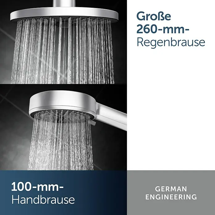 Ideal Standard Alu+ Duschsystem Ceraflow BD584SI - Lochabstand: 60 cm, Anzahl Strahlarten: 2 Stk., Silber, Form Kopfbrause: Rund - Zwei silberne Duschköpfe: eine 260mm Regenbrause und eine 100mm Handbrause, beide sprühen Wasser.