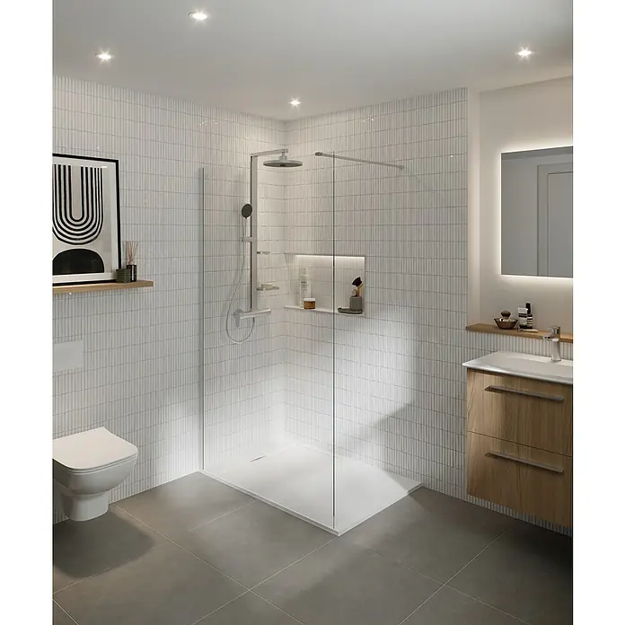 Ideal Standard Alu+ Duschsystem Ceraflow BD584SI - Lochabstand: 60 cm, Anzahl Strahlarten: 2 Stk., Silber, Form Kopfbrause: Rund - Modernes Bad mit begehbarer Dusche, weißen Vertikalfliesen, Holzwaschtisch und Wand-WC.