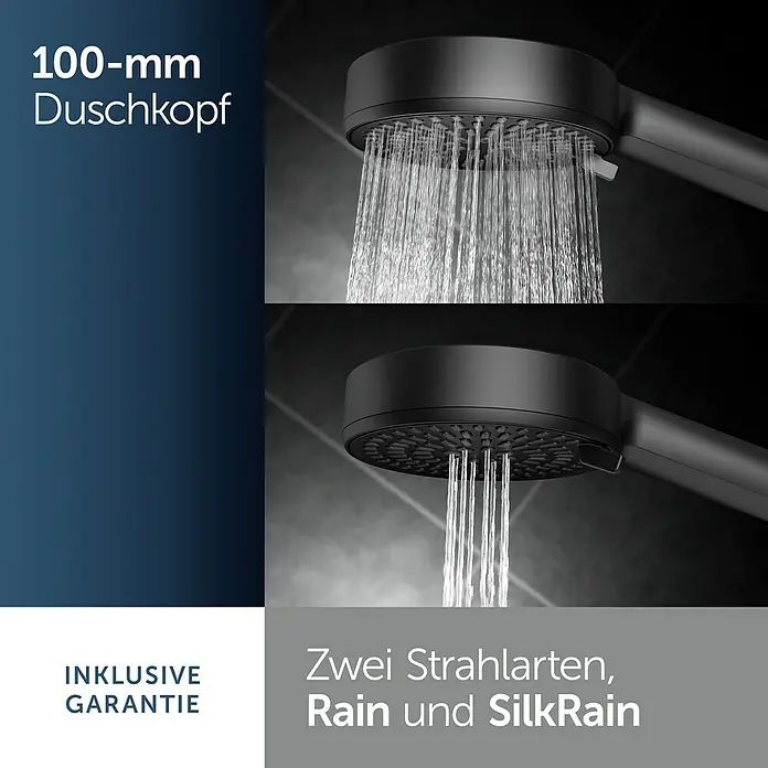 Ideal Standard Brausegarnitur Idealrain BD586 - Lochabstand: 40 cm - 50 cm, Art Strahl: SilkRain, Rain, Schwarz - Schwarzer 100-mm-Duschkopf mit zwei Strahlarten: Rain und SilkRain.