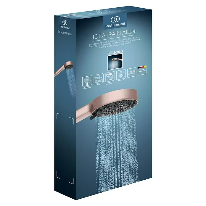 Ideal Standard Alu+ Handbrause Ideal Rain - Durchmesser: 10 cm, Rosé - Ideal Standard IDEALRAIN ALU+ Duschkopfverpackung mit einer roséfarbenen Handbrause, die Wasser sprüht.