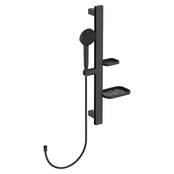 Ideal Standard Brausegarnitur Idealrain BD586 - Lochabstand: 40 cm - 50 cm, Art Strahl: SilkRain, Rain, Schwarz - Duschstange aus mattem Schwarz mit verstellbarem Duschkopf und zwei integrierten Duschablagen.
