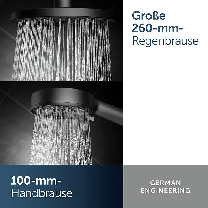 Ideal Standard Alu+ Duschsystem Ceraflow BD584XG - Lochabstand: 60 cm, Anzahl Strahlarten: 2 Stk., Schwarz, Form Kopfbrause: Rund - Zwei schwarze Duschen mit Wasserstrahlen: eine 260mm Regenbrause und eine 100mm Handbrause.