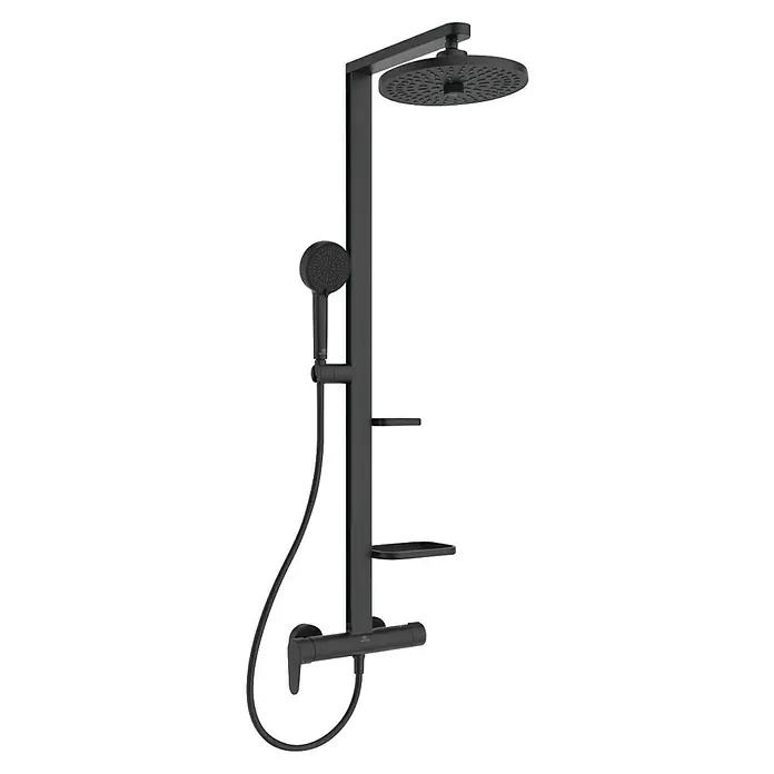 Ideal Standard Alu+ Duschsystem Ceraflow BD584XG - Lochabstand: 60 cm, Anzahl Strahlarten: 2 Stk., Schwarz, Form Kopfbrause: Rund - Mattes schwarzes Duschsystem mit rundem Kopfbrause, Handbrause, integriertem Thermostatmischer und zwei Ablageflächen.