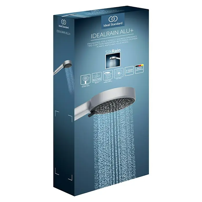 Ideal Standard Alu+ Handbrause Ideal Rain - Durchmesser: 10 cm, Silber - Ideal Standard IDEALRAIN ALU+ Duschkopf-Produktverpackung, blau, zeigt eine graue Handbrause mit Wasserstrahl und Hauptfunktionen.