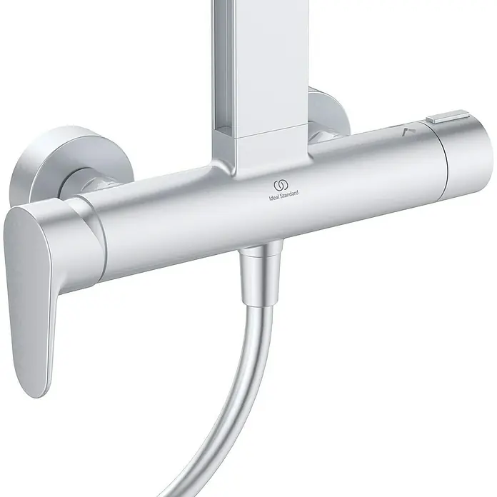 Ideal Standard Alu+ Duschsystem Ceraflow BD584SI - Lochabstand: 60 cm, Anzahl Strahlarten: 2 Stk., Silber, Form Kopfbrause: Rund - Silberfarbene Ideal Standard Duscharmatur mit Hebelgriff, Temperaturregler und Duschschlauchanschluss.