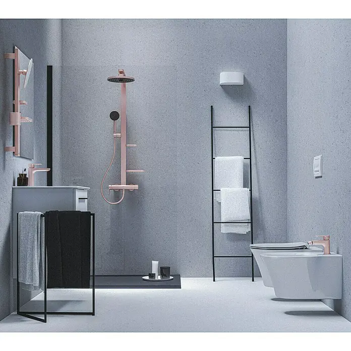 Ideal Standard Alu+ Duschsystem Ceraflow BD584RO - Lochabstand: 60 cm, Anzahl Strahlarten: 2 Stk., Rose, Form Kopfbrause: Rund - Modernes Badezimmer mit roségoldener Duscharmatur, Waschbecken- und Bidetarmatur.