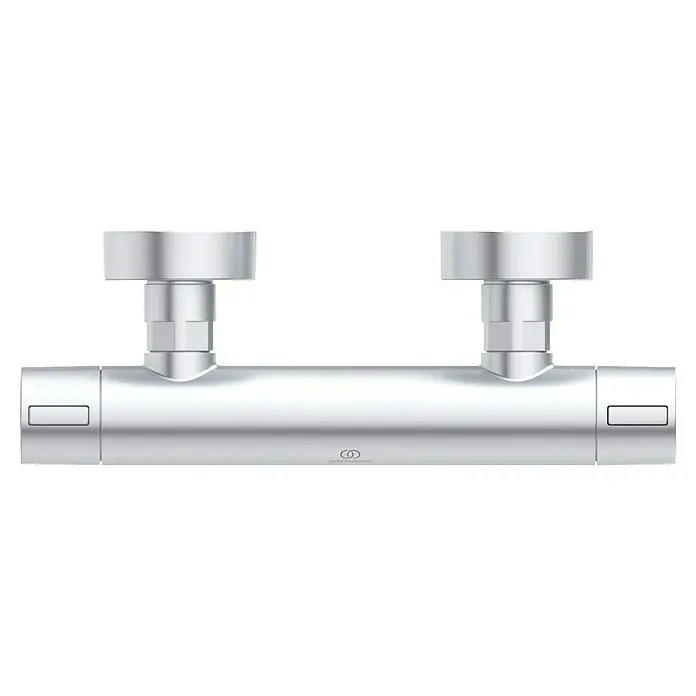 Ideal Standard Alu+ Thermostatarmatur Ceratherm - Breite: 292 mm, Silber - Thermostatischer Duschmischer aus poliertem Chrom mit zwei zylindrischen Drehknöpfen und zwei rechteckigen Tasten.