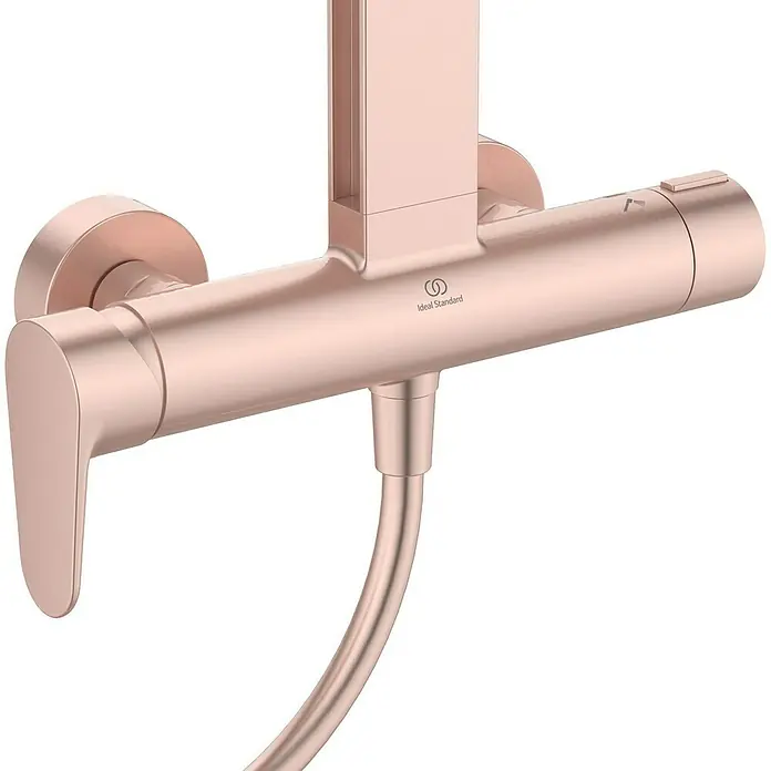 Ideal Standard Alu+ Duschsystem Ceraflow BD584RO - Lochabstand: 60 cm, Anzahl Strahlarten: 2 Stk., Rose, Form Kopfbrause: Rund - Roségoldener thermostatische Duscharmatur mit Hebelgriff und Schlauchanschluss.