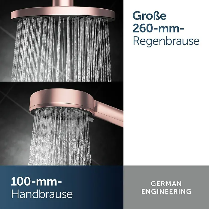 Ideal Standard Alu+ Duschsystem Ceraflow BD584RO - Lochabstand: 60 cm, Anzahl Strahlarten: 2 Stk., Rose, Form Kopfbrause: Rund - Roségoldfarbenes Brausesystem mit einem großen 260-mm-Regenbrausekopf und einer 100-mm-Handbrause, beide sprühen Wasser.