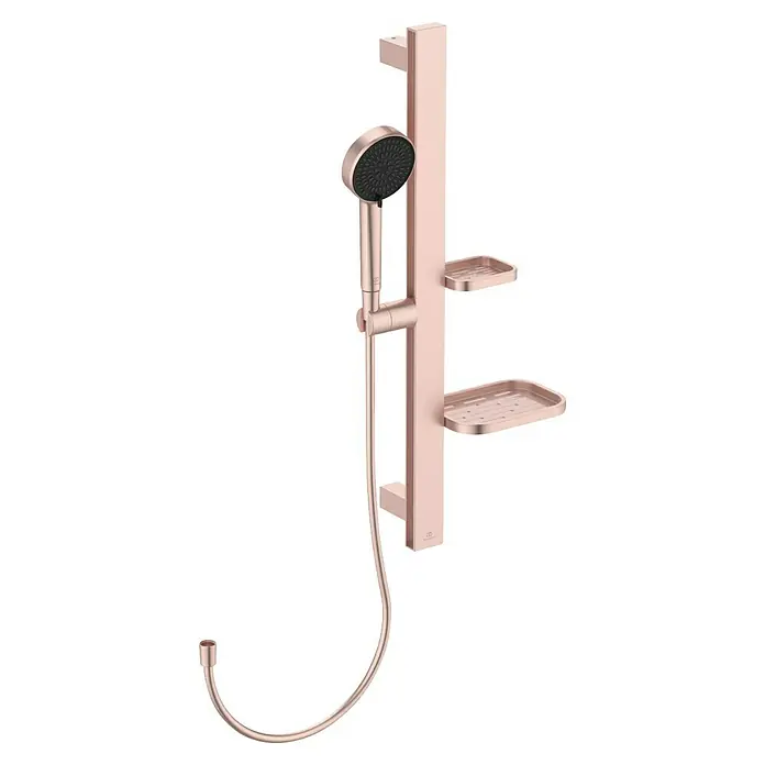 Ideal Standard Brausegarnitur Idealrain BD586 - Lochabstand: 40 cm - 50 cm, Art Strahl: SilkRain, Rain, Rosé - Roségoldenes Duschset mit Handbrause, Gleitstange und zwei integrierten Ablagen.