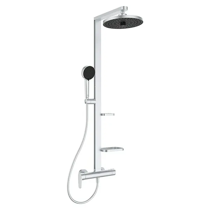 Ideal Standard Alu+ Duschsystem Ceraflow BD584SI - Lochabstand: 60 cm, Anzahl Strahlarten: 2 Stk., Silber, Form Kopfbrause: Rund - Modernes silbernes Duschsystem mit großer runder Kopfbrause, Handbrause und Thermostatmischer, integrierten Ablagen.