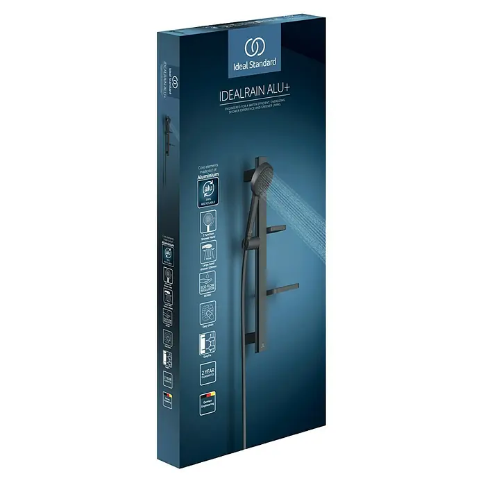 Ideal Standard Brausegarnitur Idealrain BD586 - Lochabstand: 40 cm - 50 cm, Art Strahl: SilkRain, Rain, Schwarz - Blaue Ideal Standard IDEALRAIN ALU+ Duschsystemverpackung mit dunkler Handbrause. Enthält recycelbare Aluminiumelemente.