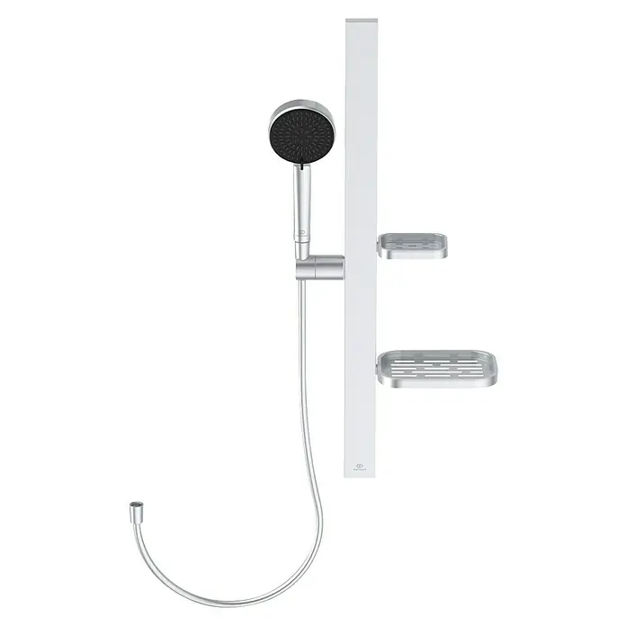 Ideal Standard Brausegarnitur Idealrain BD586 - Lochabstand: 40 cm - 50 cm, Art Strahl: SilkRain, Rain, Silber - Ein modernes Duschsystem mit einer silbernen Handbrause, weißer Stange und zwei rechteckigen Chrom-Seifenschalen.