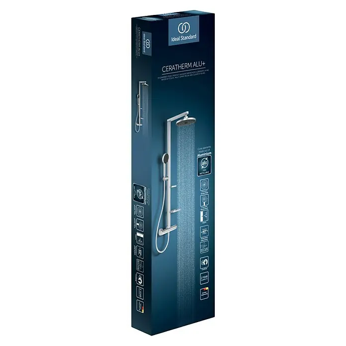 Ideal Standard Alu+ Duschsystem Ceratherm - Anzahl Strahlarten: 2 Stk., Silber - Ideal Standard Ceratherm Alu+ Duschsystem Produktbox. Zeigt einen Duschkopf, Handbrause und Thermostat aus Aluminium, betont Wassereffizienz & Recyclingfähigkeit.
