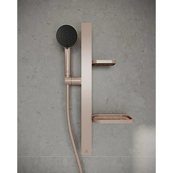 Ideal Standard Brausegarnitur Idealrain BD586 - Lochabstand: 40 cm - 50 cm, Art Strahl: SilkRain, Rain, Rosé - Roségoldenes Duschset mit Handbrause, Duschstange, Schlauch und zwei Ablagen.