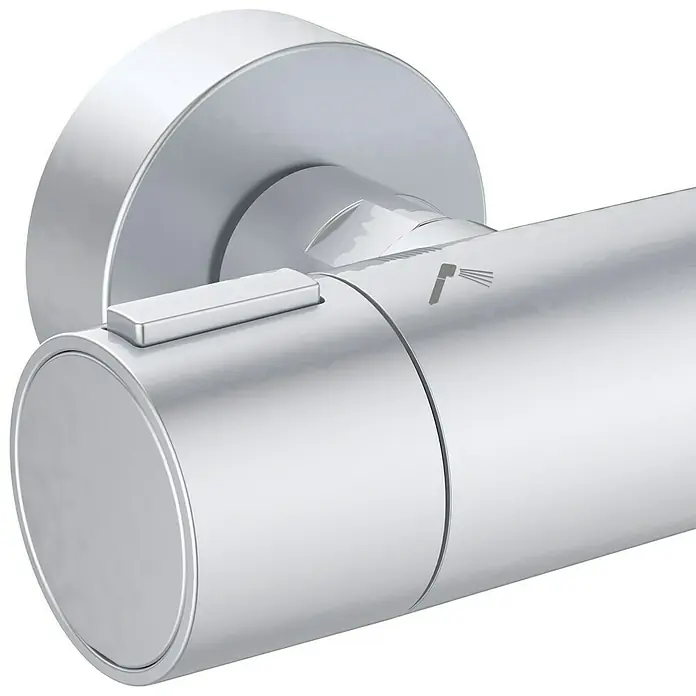 Ideal Standard Alu+ Duschsystem Ceratherm - Anzahl Strahlarten: 2 Stk., Silber - Zylindrischer Chrom-Duschmischer mit Druckknopf und Duschkopfsymbol.