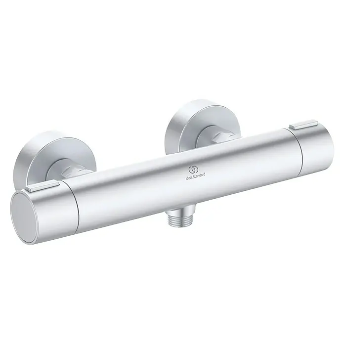 Ideal Standard Alu+ Thermostatarmatur Ceratherm - Breite: 292 mm, Silber - Silberne Thermostat-Duscharmatur mit zylindrischem Design und Ideal Standard Logo.