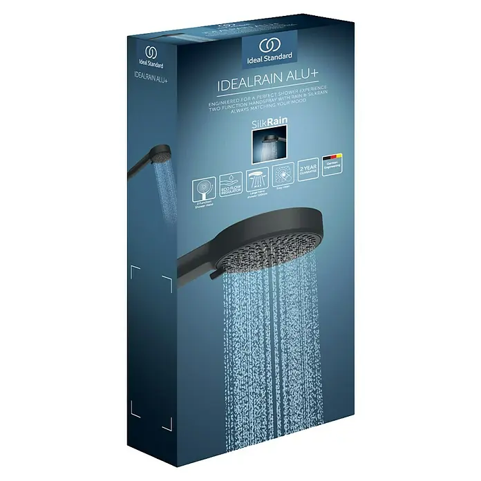 Ideal Standard Alu+ Handbrause Ideal Rain - Durchmesser: 10 cm, Schwarz - Ideal Standard Idealrain Alu+ Handbrause in Dunkelgrau, mit Wasserstrahlen, auf der Produktverpackung mit Merkmalen.