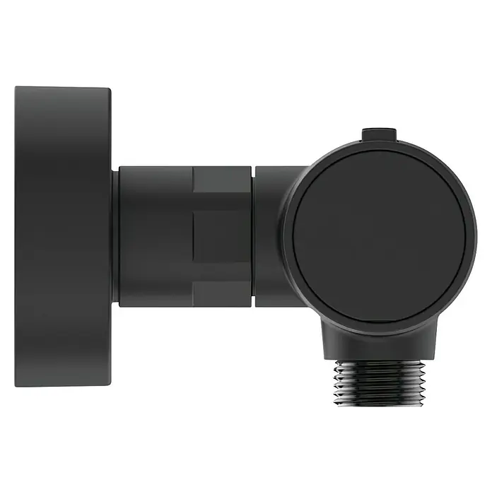 Ideal Standard Alu+ Thermostatarmatur Ceratherm - Breite: 292 mm, Schwarz - Schwarzes, L-förmiges Sanitär-Anschlussstück mit Gewindeanschluss.
