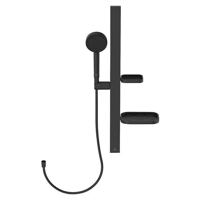 Ideal Standard Brausegarnitur Idealrain BD586 - Lochabstand: 40 cm - 50 cm, Art Strahl: SilkRain, Rain, Schwarz - Schwarzes Duschsystem mit Handbrause, Schlauch, vertikaler Stange und zwei Ablagen.