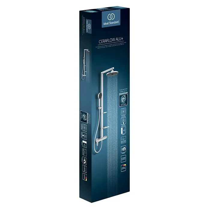 Ideal Standard Alu+ Duschsystem Ceraflow BD584SI - Lochabstand: 60 cm, Anzahl Strahlarten: 2 Stk., Silber, Form Kopfbrause: Rund - Dunkelblaue Ideal Standard CERAFLOW ALU+ Duschsystemverpackung, zeigt Duschkopf und Handbrause, betont Wassereffizienz und recycelbares Aluminium.