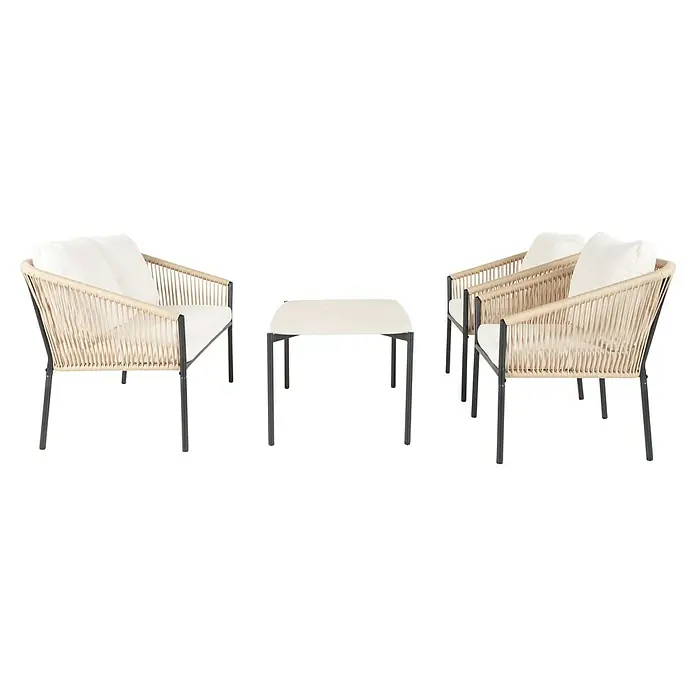Conjunto de muebles Echo - 4 pzs., Acero/Cuerda, Beige/Negro - Conjunto de asientos de exterior con dos sillones de cuerda trenada beige y cojines blancos, y una mesa de color claro, todo con marcos metálicos oscuros.