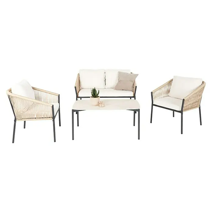 Conjunto de muebles Echo - 4 pzs., Acero/Cuerda, Beige/Negro - Conjunto de patio exterior con dos sillones trenzados beiges, un sofá de dos plazas a juego y una mesa de centro clara con estructuras metálicas oscuras y cojines blancos.