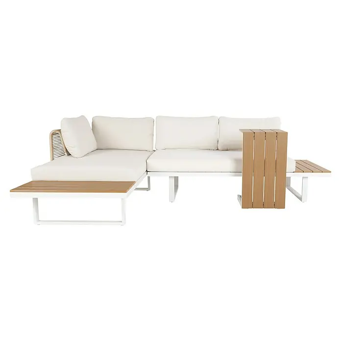 Conjunto de muebles Lynne - 3 pzs., Aluminio/Polywood/Poliéster, Blanco/Beige - Sofá seccional de exterior blanco con detalles de lamas de madera clara y cojines blancos.