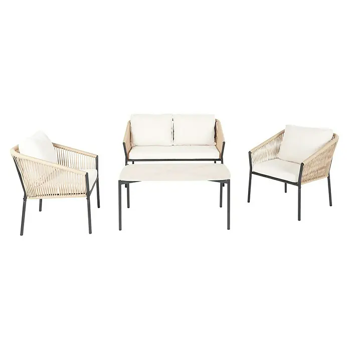 Conjunto de muebles Echo - 4 pzs., Acero/Cuerda, Beige/Negro - Conjunto de salón exterior con dos sillas, un sofá y una mesa. Con cojines blancos, cuerda trenzada beige y marcos oscuros.