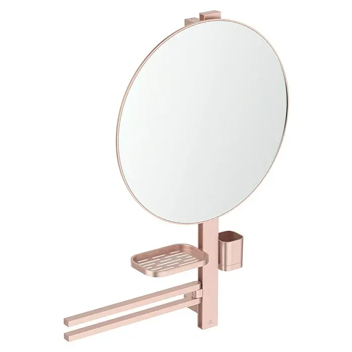 Ideal Standard Alu+ Ablagespiegel - B x H: 640 x 817 mm, Rosé - Roségoldener Rundspiegel mit integriertem Regal, Becherhalter und Handtuchstangen.