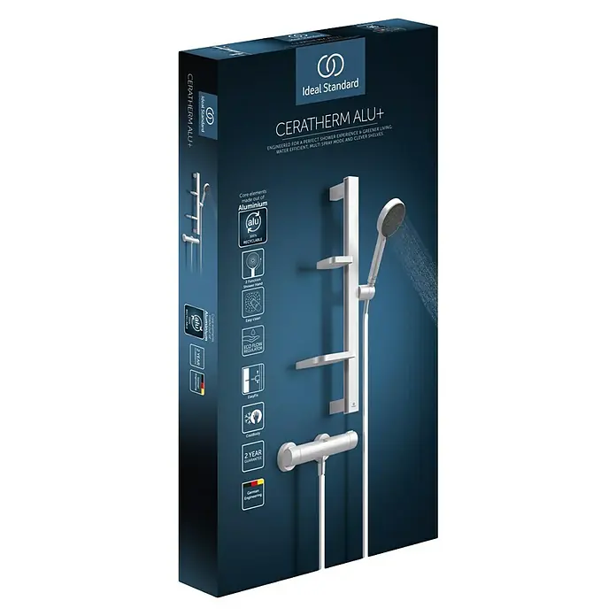Ideal Standard Alu+ Brausegarnitur Ceratherm - Lochabstand: 40 cm - 50 cm, Art Strahl: SilkRain, Rain, Silber - Verpackung für ein Ideal Standard Ceratherm Alu+ Duschsystem mit silberner Duschstange, Brausekopf, Mischer und Ablagen aus Aluminiumkomponenten.