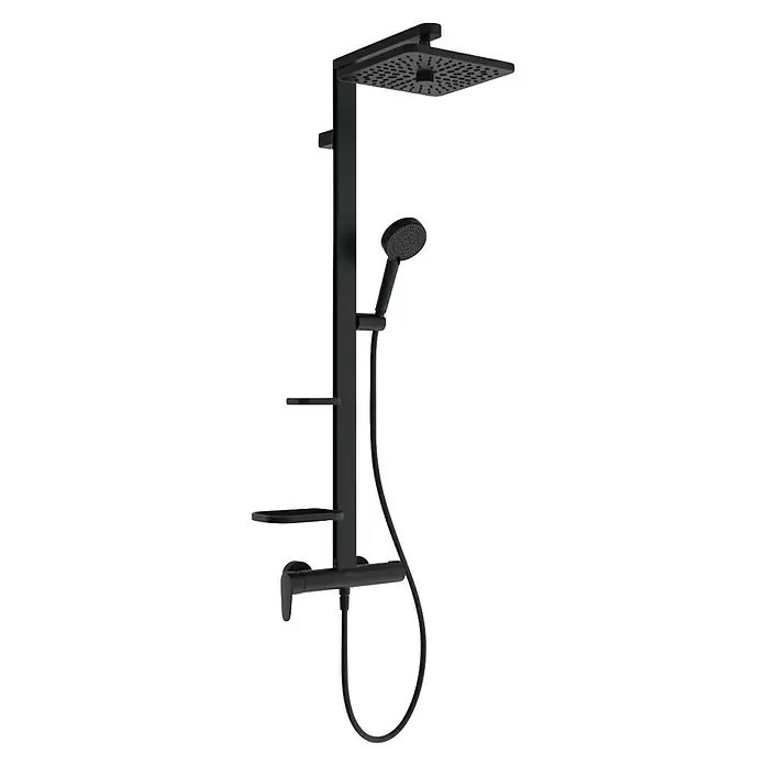 Ideal Standard Alu+ Duschsystem Ceraflow BE204XG - Lochabstand: 60 cm, Anzahl Strahlarten: 2 Stk., Schwarz, Form Kopfbrause: Eckig - Schwarzes Komplett-Duschsystem mit quadratischem Regenduschkopf, Handbrause und Thermostatmischer mit Ablagen.