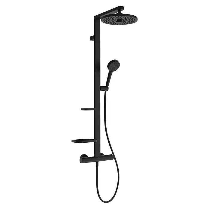 Ideal Standard Alu+ Duschsystem Ceratherm - Form Kopfbrause: Rund, Lochabstand: 600 mm, Anzahl Strahlarten: 2 Stk., Schwarz - Schwarzes Duschsystem mit Kopfbrause, Handbrause, Thermostat und zwei Ablagen.