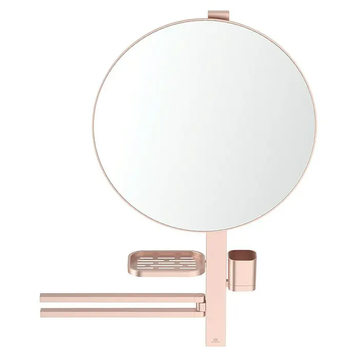 Ideal Standard Alu+ Ablagespiegel - B x H: 640 x 817 mm, Rosé - Runder roségoldener Spiegel mit integrierter Seifenschale, Becherhalter und zwei Handtuchstangen.