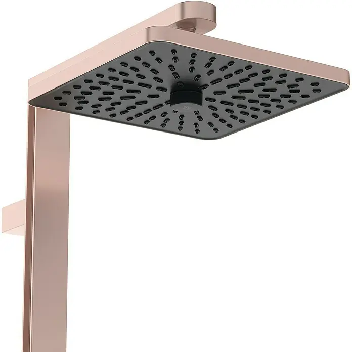 Ideal Standard Alu+ Duschsystem Ceraflow BE204RO - Lochabstand: 60 cm, Anzahl Strahlarten: 2 Stk., Rose, Form Kopfbrause: Eckig - Roségoldener quadratischer Duschkopf mit dunkelgrauen Düsen, Teil eines modernen Duschsystems.