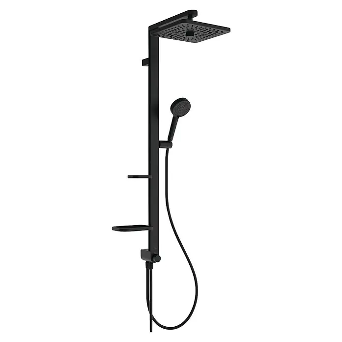 Ideal Standard Duschsystem Ceratwist BE21 - Lochabstand: 600 mm, Anzahl Strahlarten: 2 Stk., Form Kopfbrause: Eckig, Schwarz - Matt-schwarzes Duschsystem mit quadratischem Regenduschkopf, Handbrause und integrierten Ablagen.